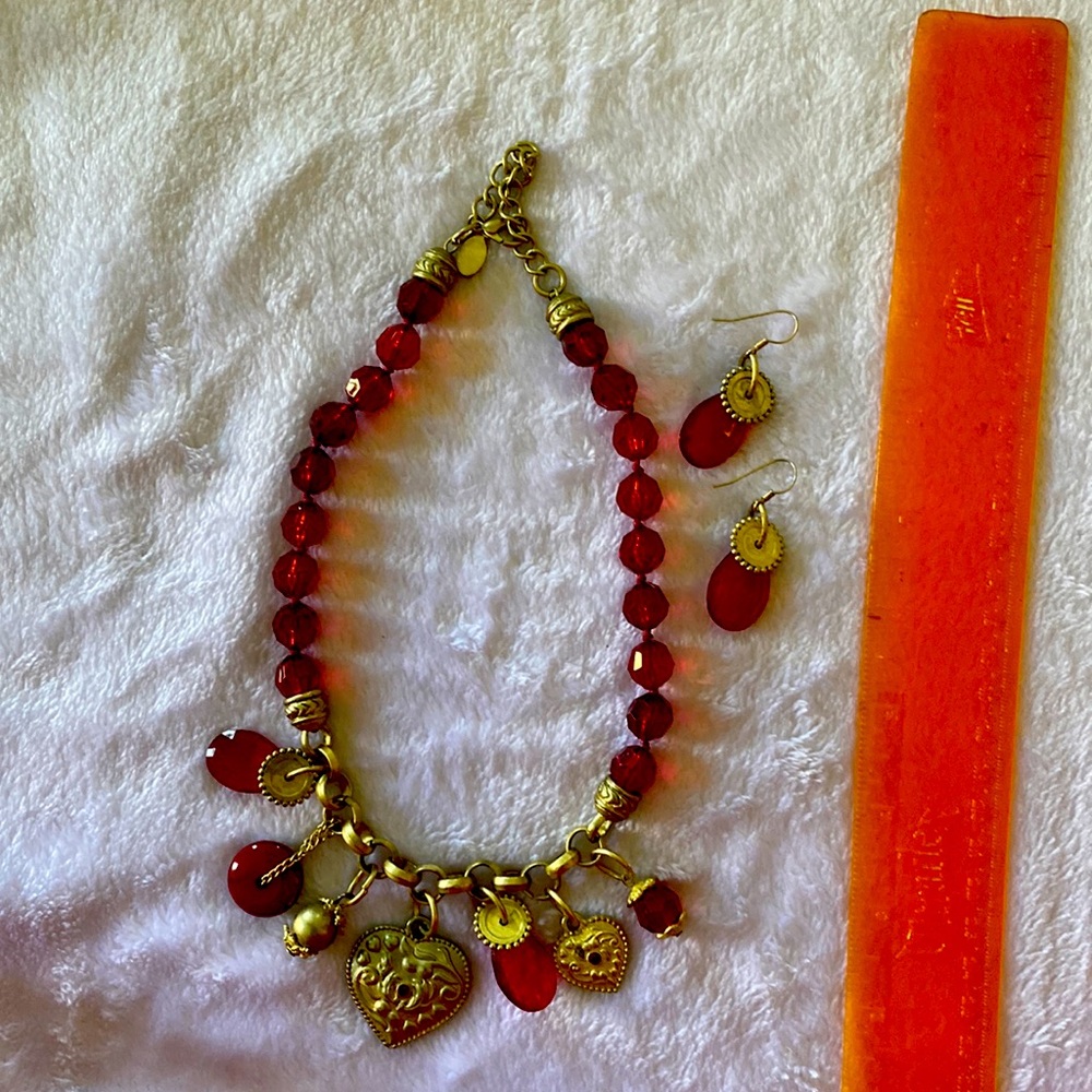 Red and gold necklace and earring set.